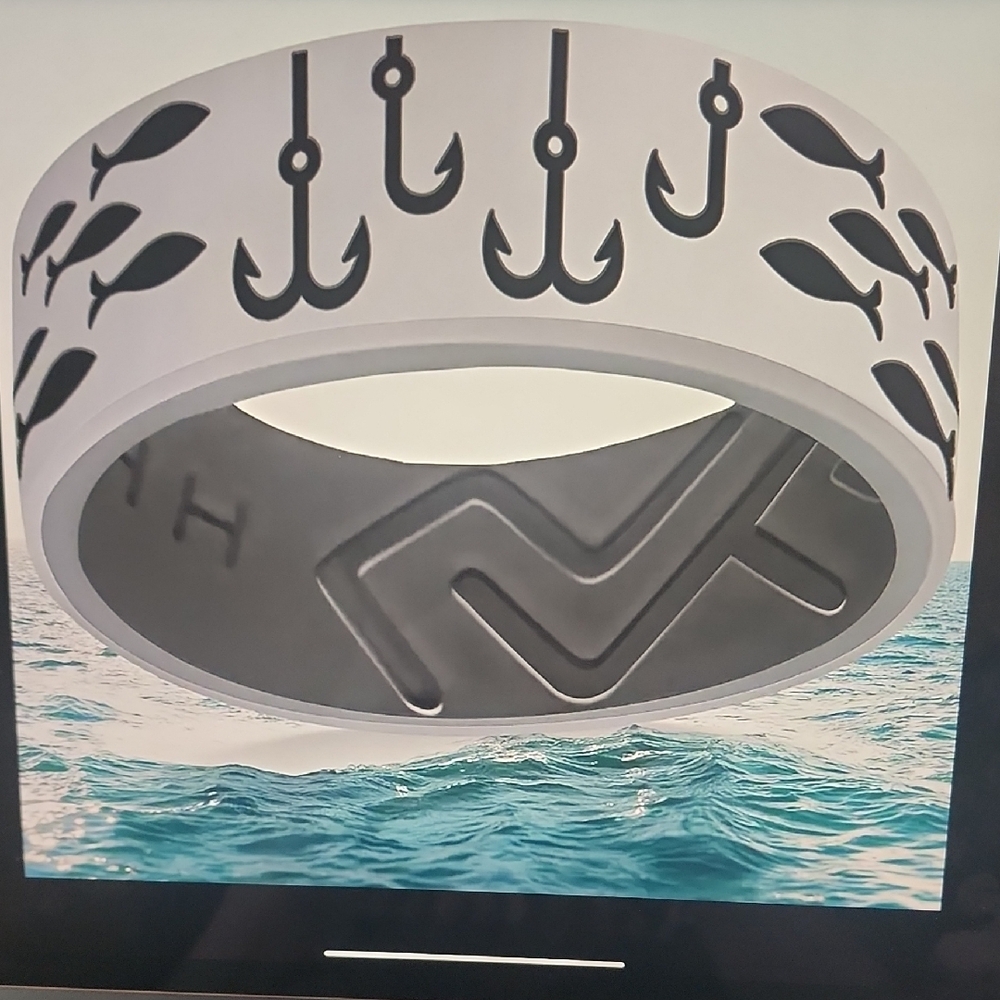 🎣 Fish & Hook Pattern Silicone Ring For Men Sz 10